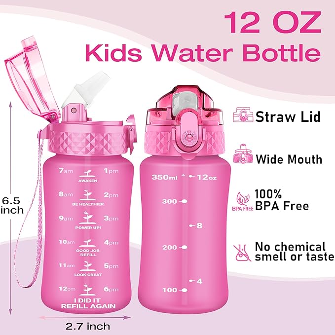 OLDLEY Kids Water Bottle for School, 12 oz (Straw Lid) BPA-Free Reusable Leak-proof Durable Tritan Plastic Water Bottles with One-handed Opening Straw Lids, Anti-dust Spout Cover (Rose red)