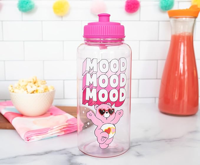 Silver Buffalo Care Bears Love-A-Lot Bear Mood Plastic Water Bottle With Spill-Resistant Sports Cap Lid | Holds 34 Ounces