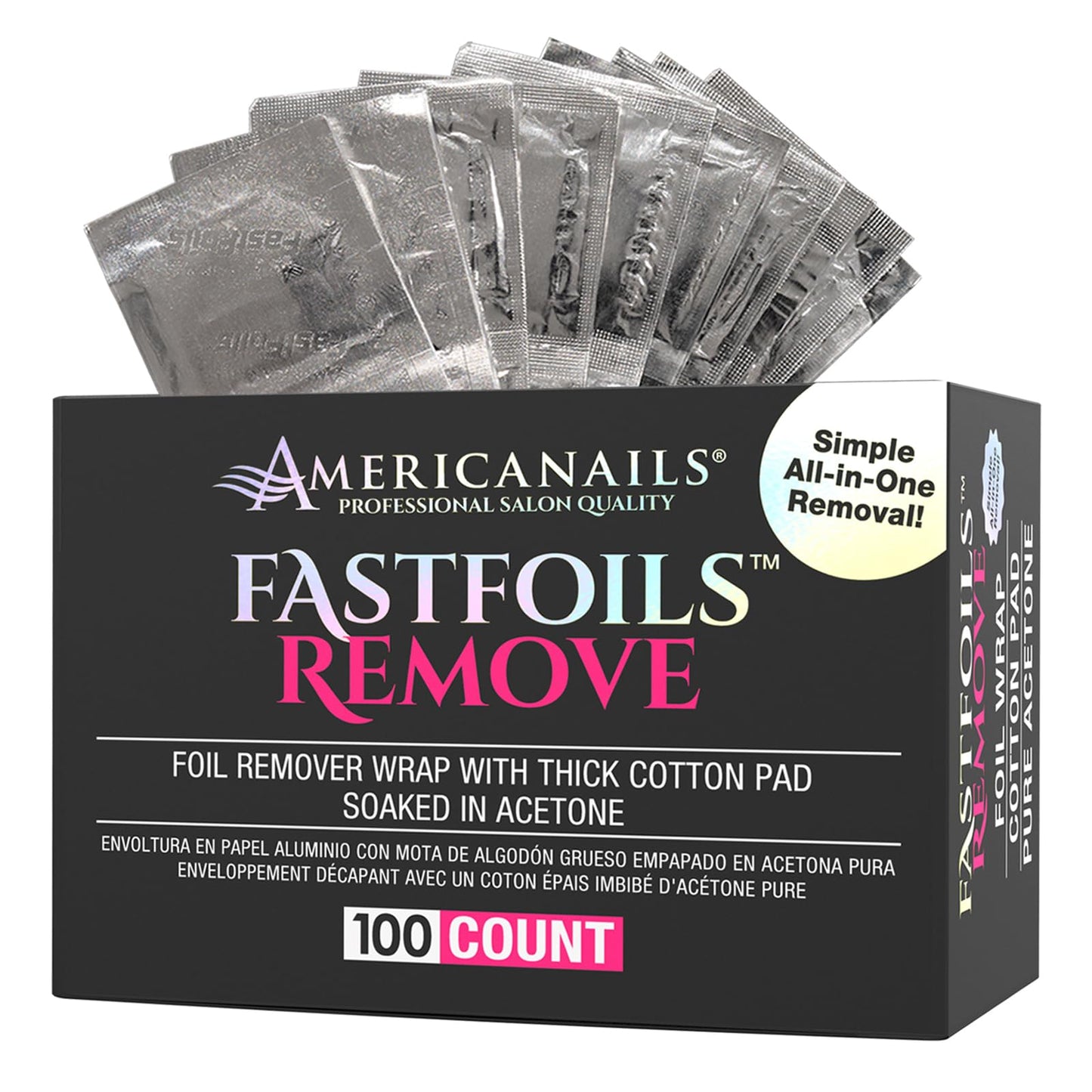 Americanails FastFoils 100 ct, One Step Gel Polish Foil Remover Wraps, All-In-One Foil Remover With Thick Cotton Pad & Pure Acetone, Remove Nail Polish, Gel Polish, Gel Nails, Acrylic Nails, Dip Nails