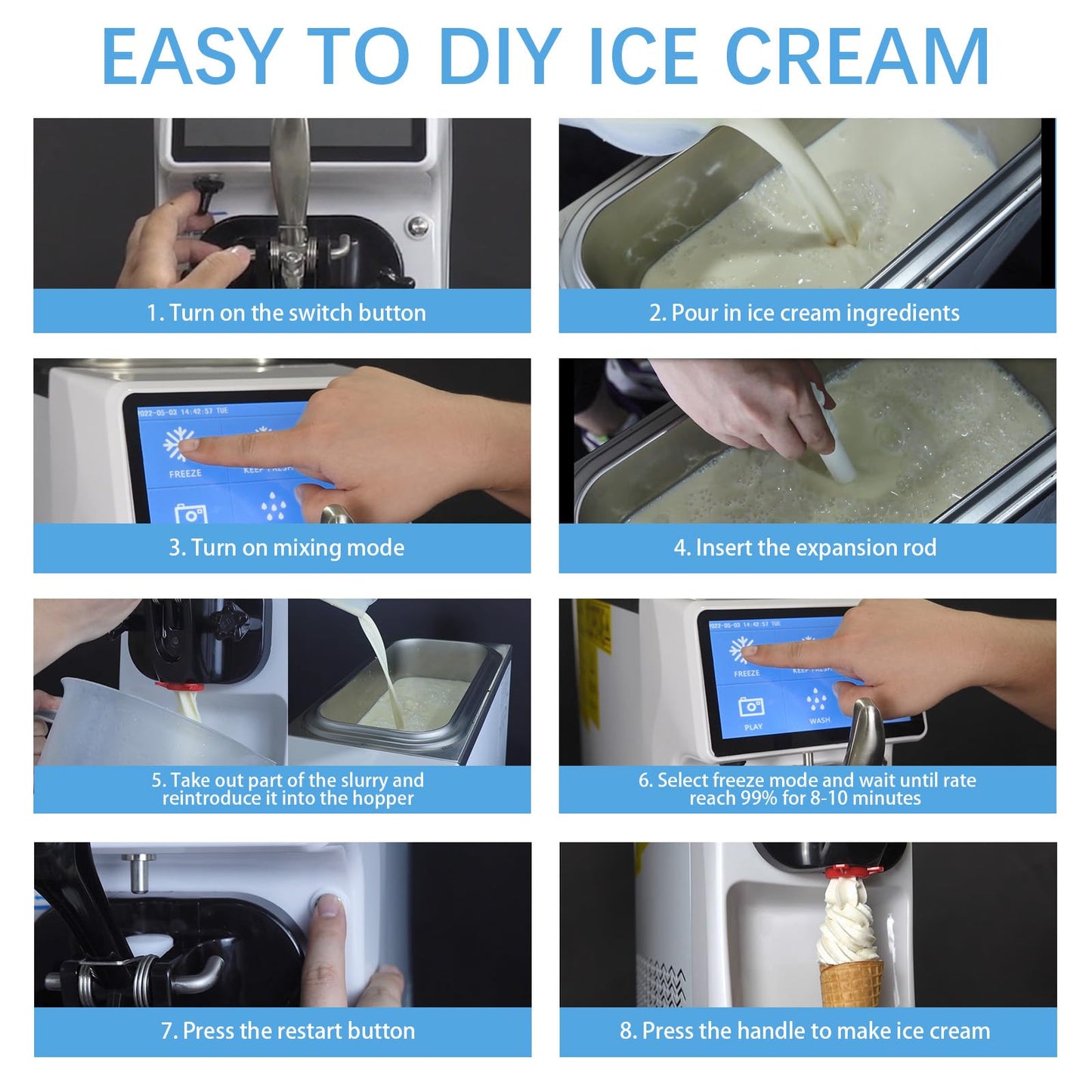 Soft Serve Ice Cream Machine, 7 Inch Screen Ice Cream Maker Machine 4.2 to 4.6 Gal/H Ice Cream Maker Machine with Pre-Cooling Soft Serve Machine with 1.6 Gals Tank for Party Store School Home