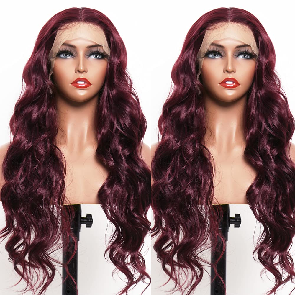 ANDRIA lace front wigs Glueless Lace Wig Long Loose Wave Synthetic Heat Resistant Fiber Wig With Baby Hair Long Curly Colorful Burgundy Wine Red Colored lace front wig for Black Women 99j Wig 24 Inch