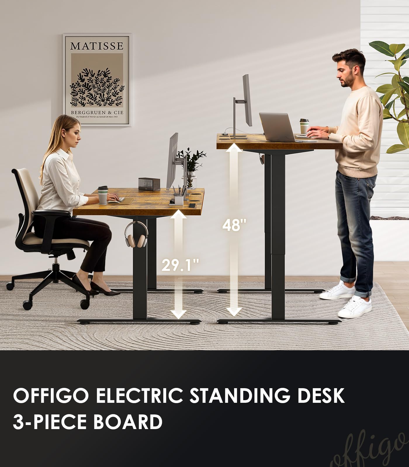 OffiGo Electric Standing Desk with 3-Piece Board, 71 Inch Height Adjustable Large Desk with Power Outlets, Sit Stand Table, Writing Computer Desk for Home, Office, Workstation, Rustic Brown