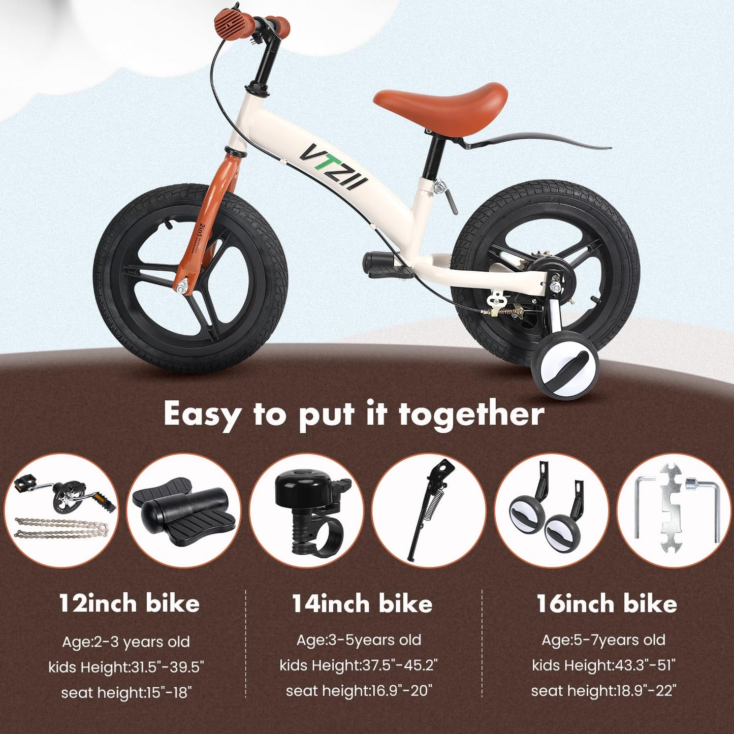 VTZII Balance Bike 2 in 1 with Pedals Brake Training Wheels Kickstand Pneumatic tyre,for Kids 2-7 Years Old,Kids Bike 12 14 16 inch (16 inch, White)