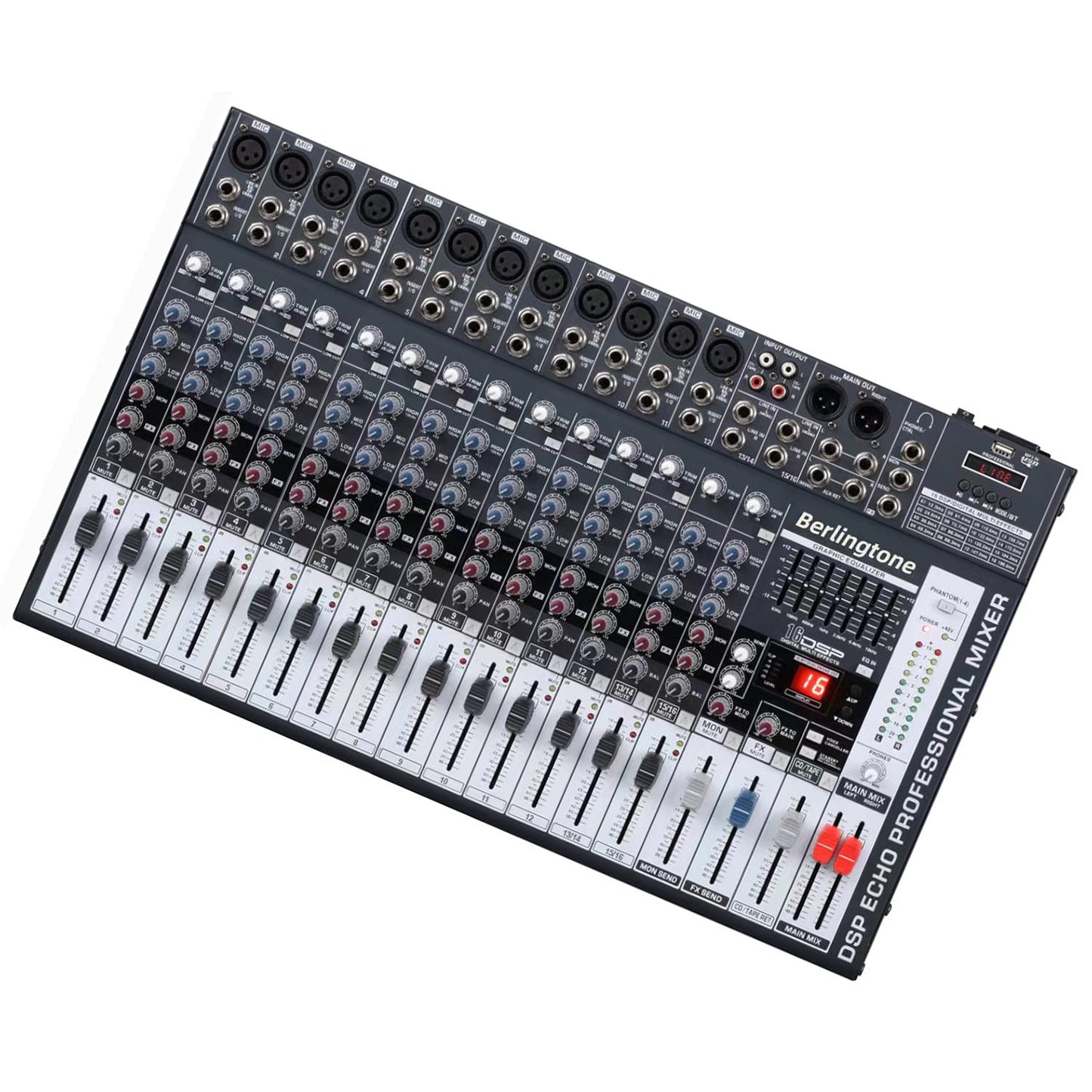 -Berlingtone,16 Channel Professional Bluetooth Studio Audio Mixer - DJ Sound Controller, USB MP3 Player, 14 Microphone Jack, 7 Band EQ, 16 BIT Digital FX, 48V Phantom Power, Unpowered (BR-166MX)