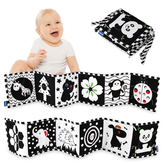 Vicloon Black and White Baby Toys, High Contrast Baby Book for Newborn 0-3 3-6 Months, Infant Tummy Time Toys, Early Education Sensory Toys, Visual Stimulation Folding Cloth Book for Boys Girls