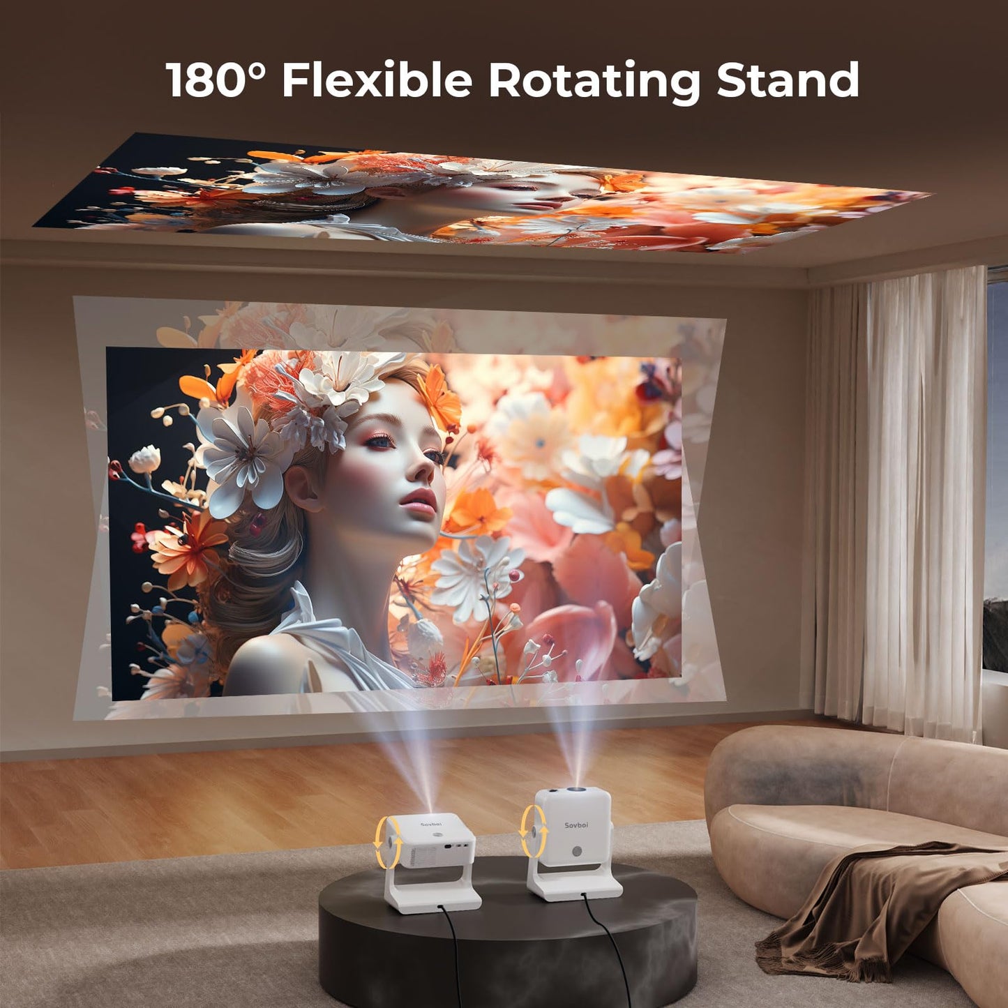 [1200 ANSI/Google Store/Voice Control] 4K Outdoor Smart Projector with WiFi6 and Bluetooth, 10,000+ Apps, Portable Proyector, Sovboi 1080P Audio Phone Movie Home [180° Stand & 300 ''Display]