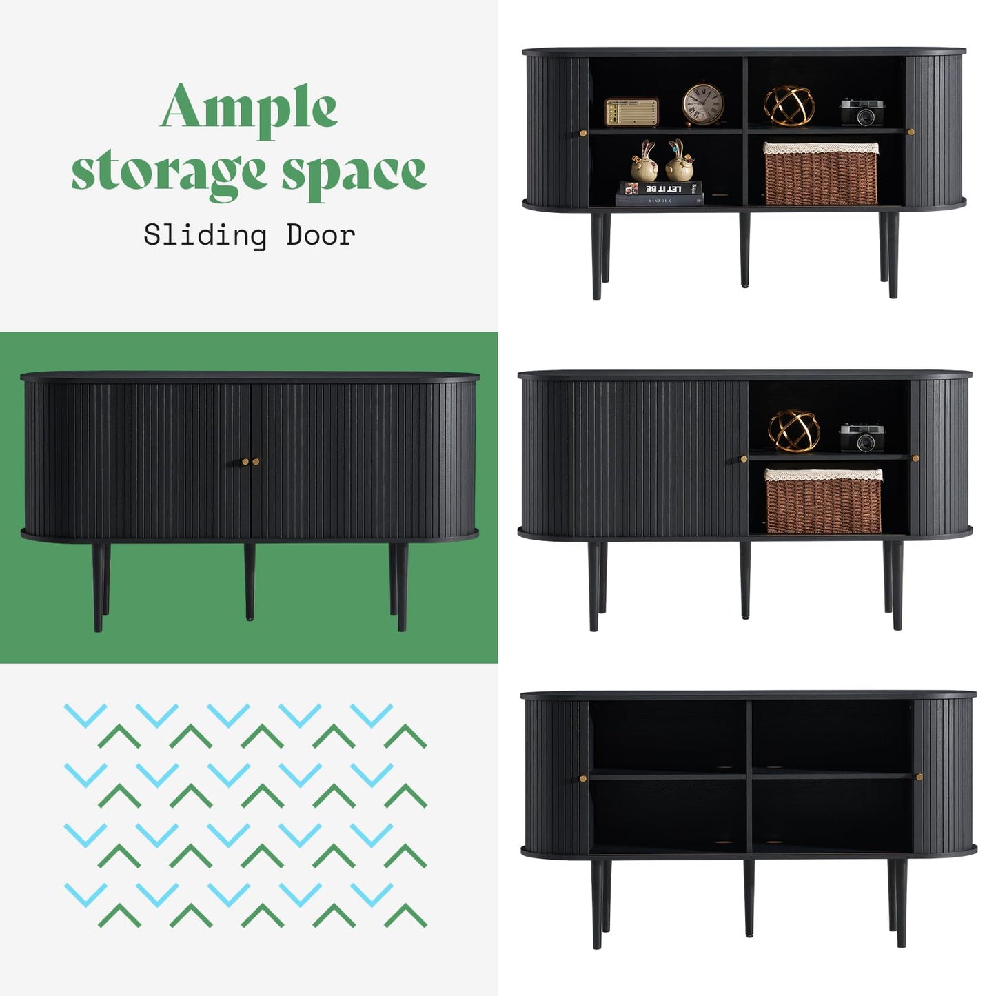 AMERLIFE 55" TV Stand with Solid Wood Legs, Mid Century Modern TV Console with Tambour Door for 80-inch TV, Dust-Proof Storage Cabinet for Living Room, Embossed Black