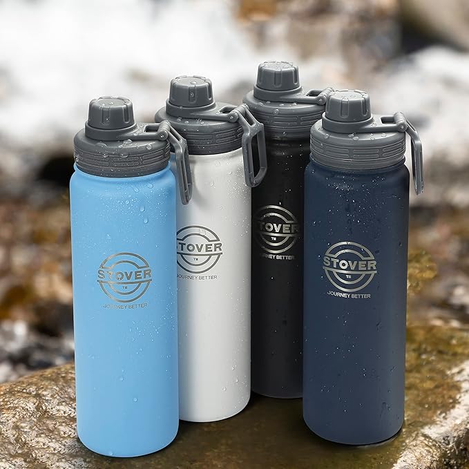 STOVER 25oz Insulated Water Bottle, Wide Mouth Double-Walled Stainless Steel- Vacuum Sealed, Leakproof, Durable, Slim Design Fits in Cup Holder- Flip Top Lid/Spout for Travel- Women/Men (Light Blue)