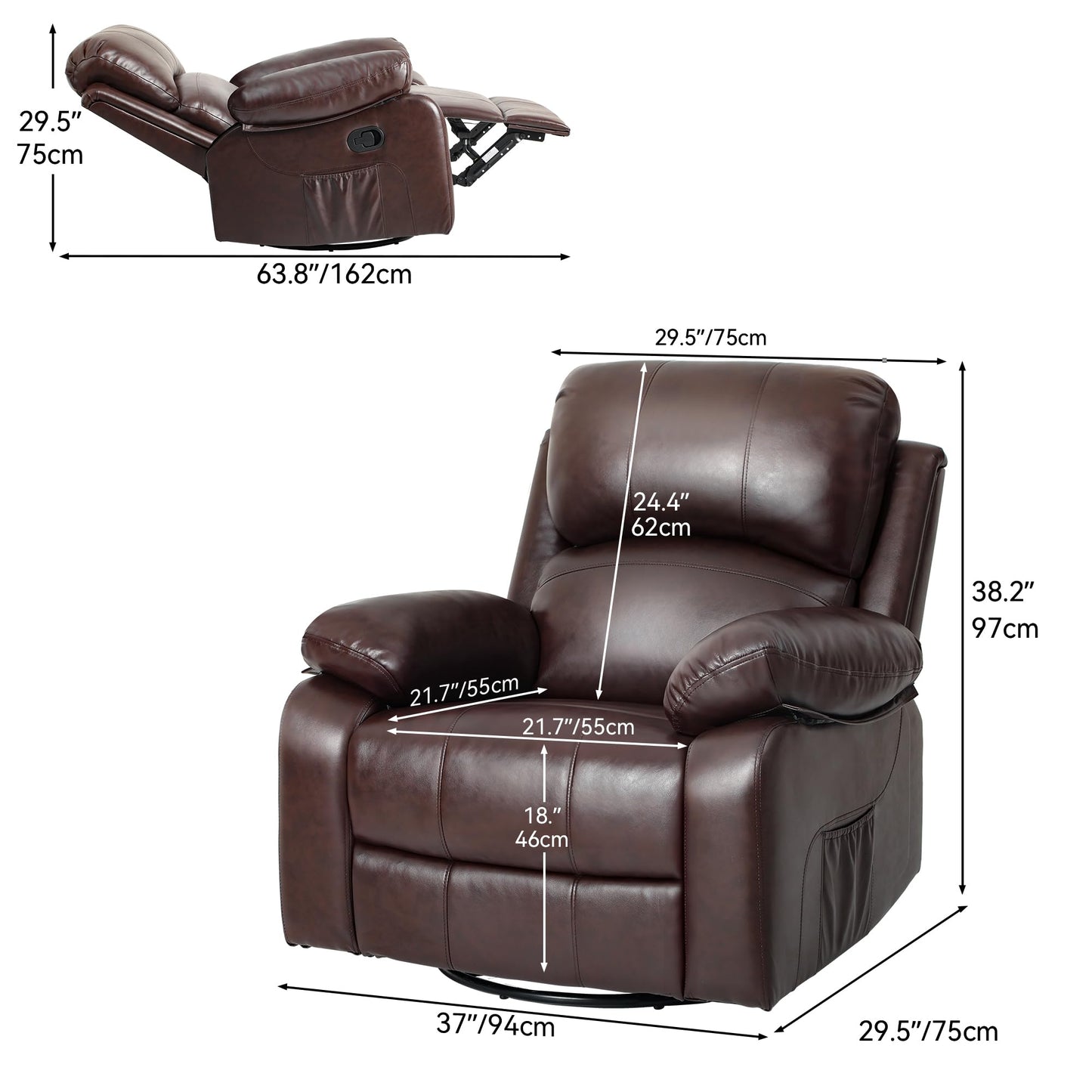 YITAHOME Oversized Rocker Recliner Chair: Manual Reclining Lazy Boy Chair with Heat & Massage, Overstuffed Armrest, Rocking Function, Faux Leather Recliner for Living Room with Side Pocket Brown