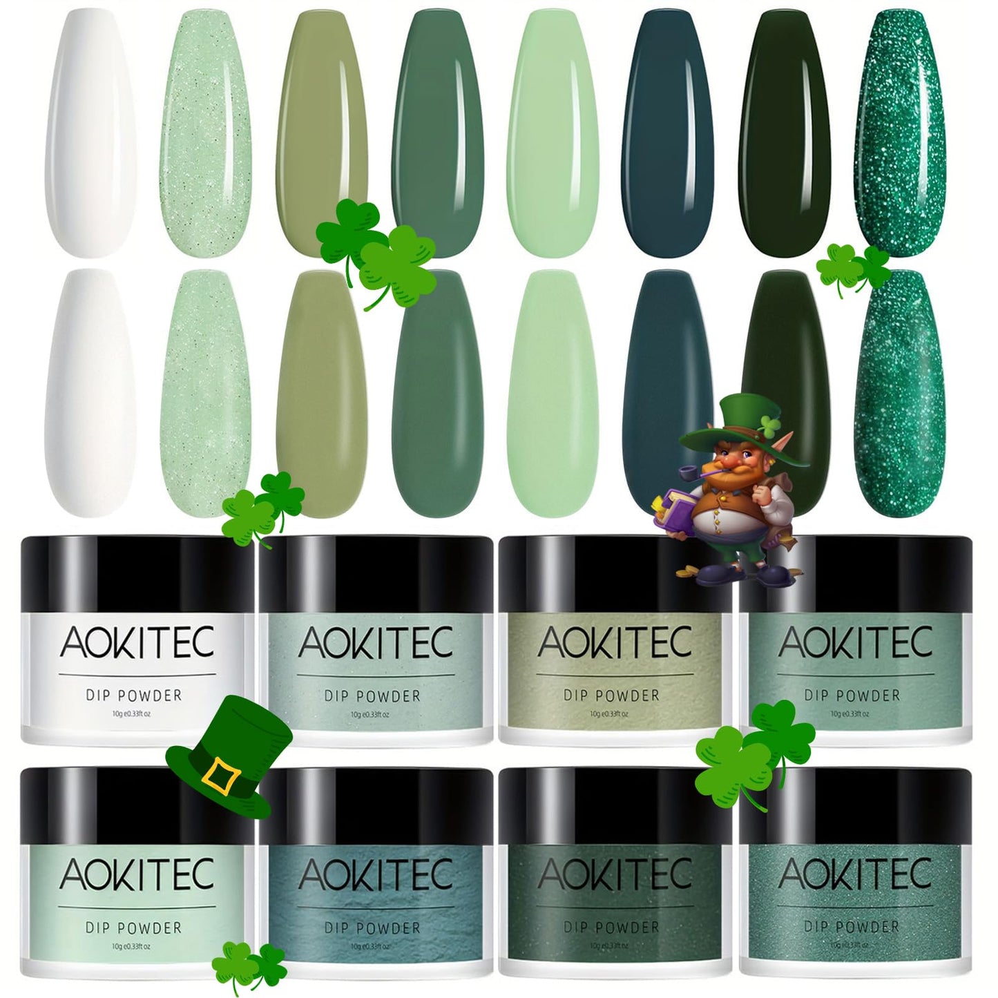 Aokitec 8 Colors Dip Powder Nail Set, Mermaid Lagoon Dark Green Collection Glitter Pastel Dipping Powder Starter Kit French Nail Art Manicure DIY Salon Home Gifts for Women, No Need Nail Lamp Cured