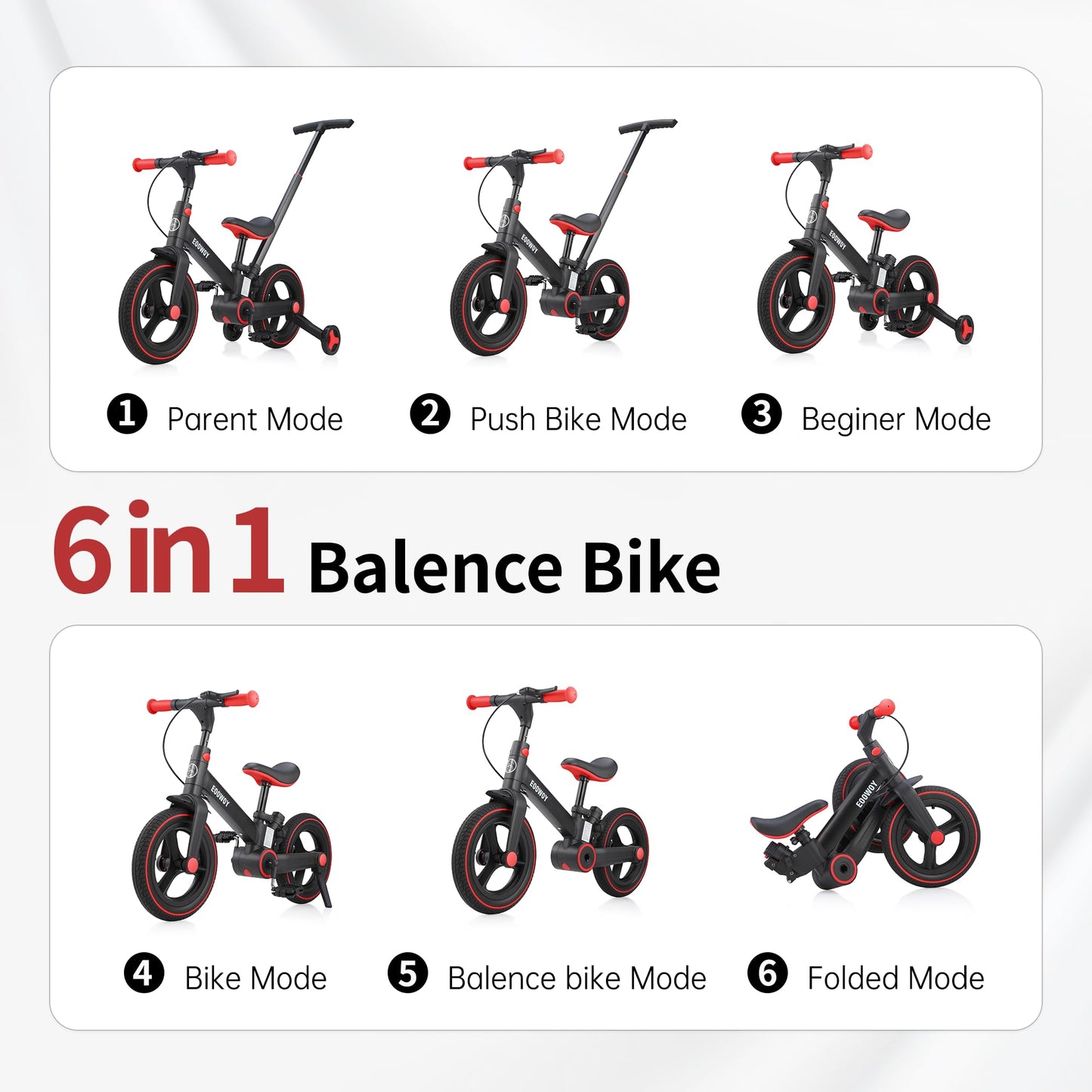 EOOWOY Balance Bike with Push Handle for Kids 18-60 Months, 6 in 1 Foldable Push Bike with Training Wheels & Pedals, Balance Bicycle for Boys and Girls with Brakes & Kickstand, Black