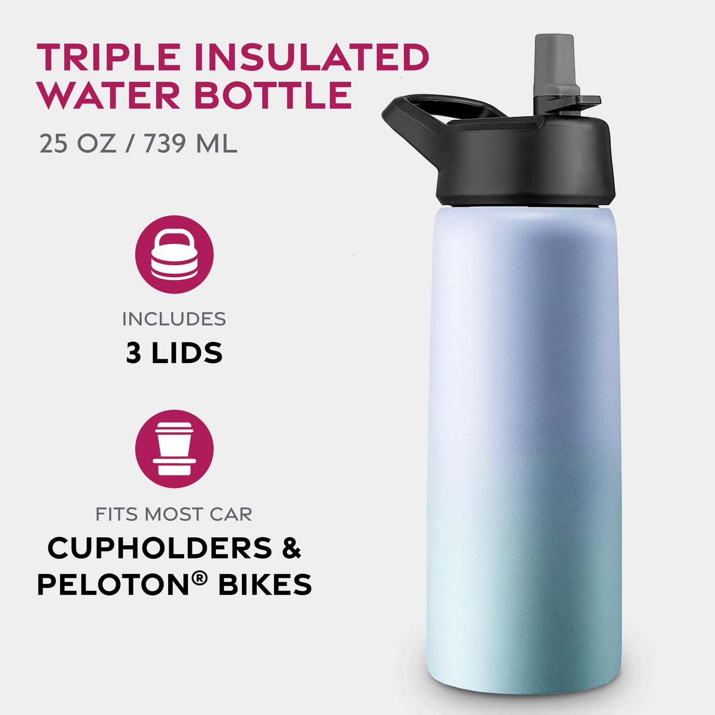 FineDine Triple Walled, Insulated Water Bottles with Straw - 25 Oz Stainless Steel Metal Bottle W/ 3 Leak Proof Lids - For Travel, School, Sports, Gym/Men, Women & Kids - Powder Steel Blue