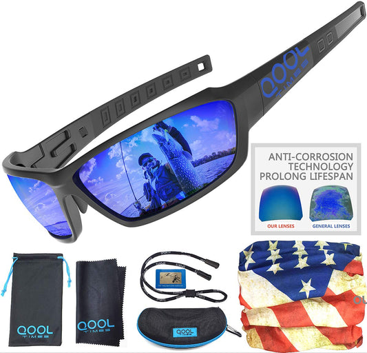 QOOL TIMES Living out your Polarized Men Fishing Black Sunglasses, Blue Lens Saltwater fishing, Sailing Boating Gifts Beach sunglasses