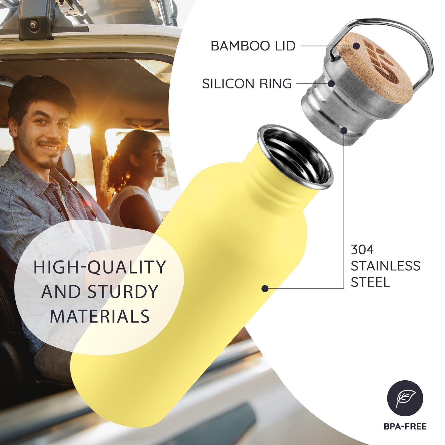Bambaw Stainless Steel Water Bottles 16 oz, Yellow Water Bottle Stainless Steel, Non Insulated Water Bottle BPA Free, 16 oz Water Bottle with Handle, Reusable Water Bottle for School – Yellow Beam