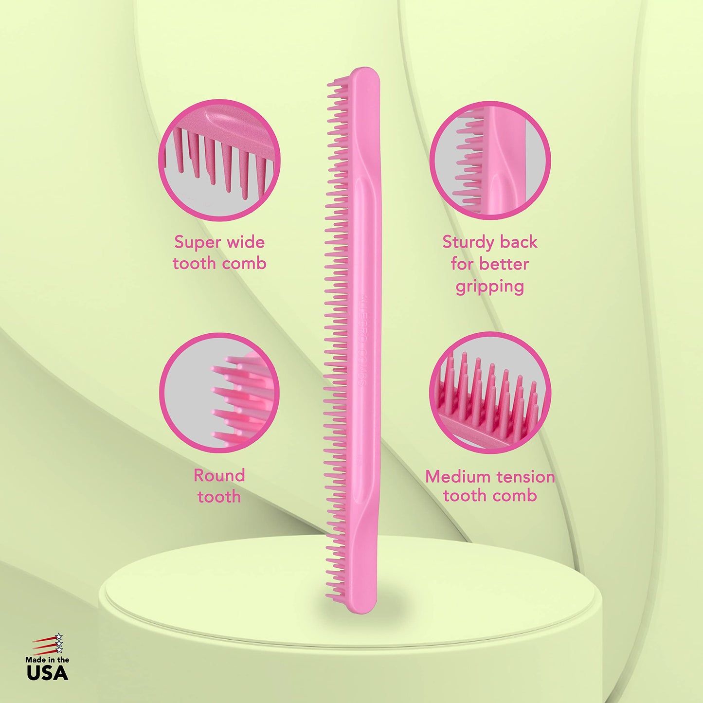 Allegro Combs 3-Row Detangling Comb #70, Light pink - Perfect for Women Curly Hair Stylists, Curl Defining, Made in USA, 1 Piece