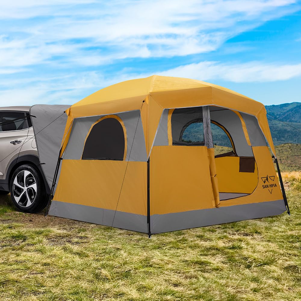 SanHima SUV Tent for Camping with Rainfly - 2 Door Design Waterproof PU3000mm Double Layer SUV Tailgate Tent for Van Jeep CUV Model Y, 10'L x 9'W x 6.6'H, Up to 6 Person, Orange & Gray