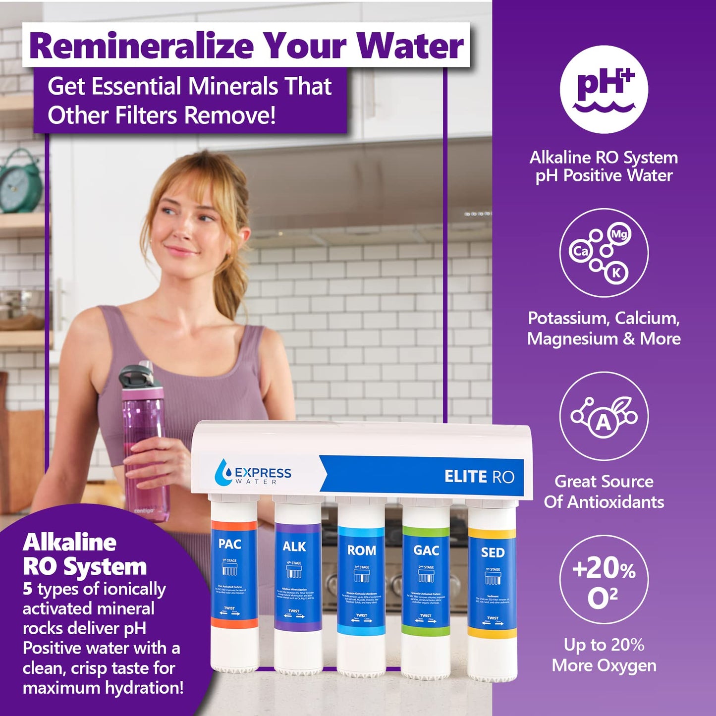 Express Water Elite RO Reverse Osmosis Alkaline Water Filtration System – Quick Twist Filter Change 9 Stage RO Water Filter– Under Sink Water Filter with Alkaline Filter for Essential Minerals 100 GPD