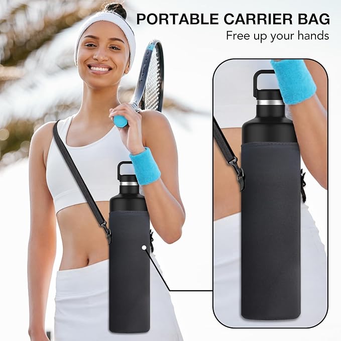 60oz Water Bottle with Carrier Bag, Large Insulated Water Bottle, Stainless Steel Water Bottles, Double Walled Insulated Thermo for Hot Drinks/Cold Drinks, Great for Gym,Hiking,Camping (Iron Black)