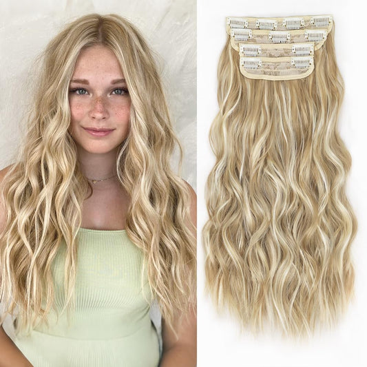 ALXNAN Clip in Long Wavy Synthetic Hair Extension 16 Inch Beach Blonde 4PCS Thick Hairpieces Fiber Double Weft Hair for Women