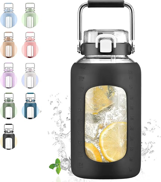 84oz Glass Water Bottle with Stainless Steel Handle,2.5L Gallon Water Bottle With 2-IN-1 Straw Lid, Silicone Sleeve and Motivational Capacity Marker, Wide Mouth Water Jug For Gym, Workout, Black