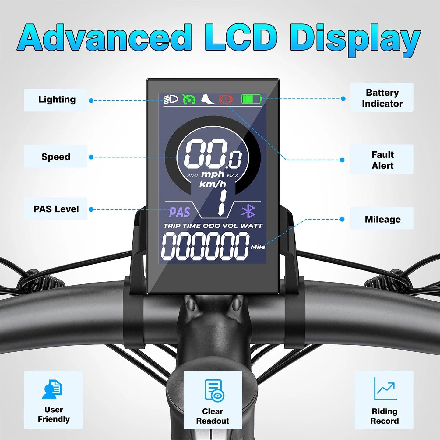 Electric Bike for Adults，Peak 520W Motor Electric Mountain Bike，26" Electric Bike 40Miles 20MPH, 36V Removable Battery with 7-Speed, LCD Display, Dual Disc Brakes & Front Fork Suspension (Grey)