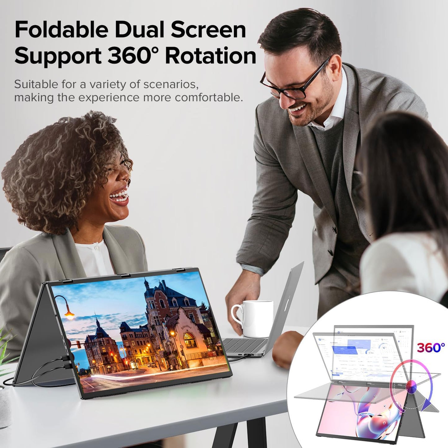 sibolan 18.5" Dual Screen Portable Monitor Set 100Hz, 100% sRGB, 1080P HDR - 330° Rotation, Folding Design, Versatile Solution for PC, Mobile Phone, Game Console, Including Stand, Plug and Play
