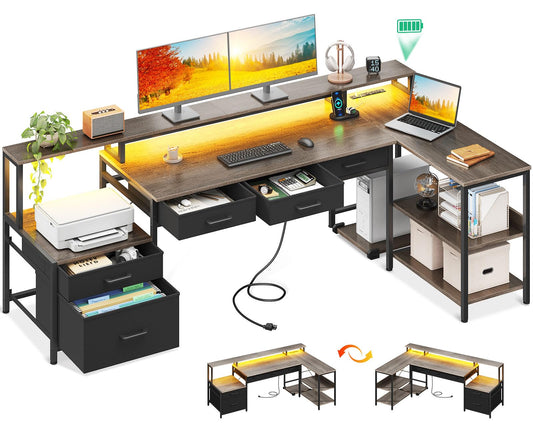 AODK L Shaped Desk with 5 File Drawers, 75" Reversible L Shaped Computer Desk with Power Outlet & LED Strip, Office Desk with Storage Shelves, Gaming Table with Monitor Shelf, Corner Table, Grey Oak