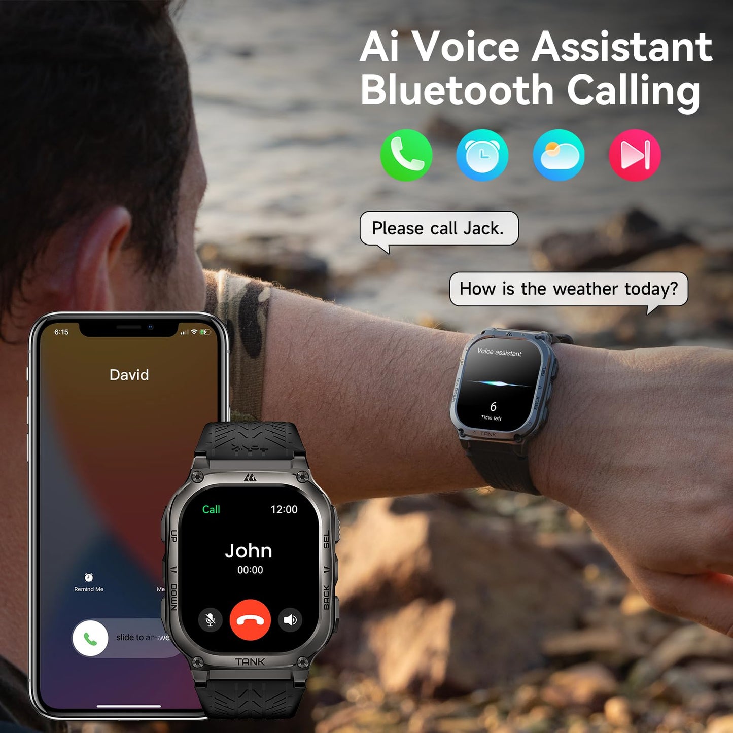 AMAZTIM Smart Watch, 60 Days Extra-Long Battery, 50M Waterproof, Rugged Military Bluetooth Call(Answer/Dial Calls), 2.0" Ultra Large HD Display, AI Voice Assistant (Shiny Black)