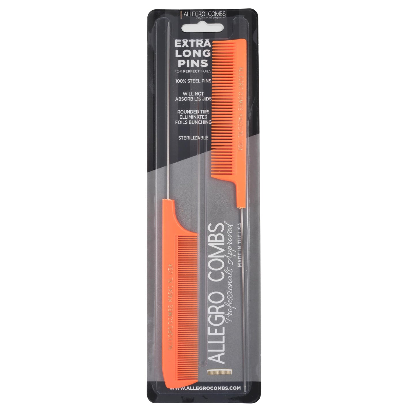 Allegro Combs XL Pintail Rat Tail Combs Parting Combs Metal Tail Foiling Combs Pin Combs Stitch Braids Combs2 Pc. (Neon Orange)