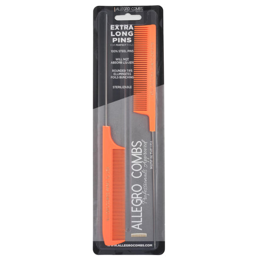 Allegro Combs XL Pintail Rat Tail Combs Parting Combs Metal Tail Foiling Combs Pin Combs Stitch Braids Combs2 Pc. (Neon Orange)