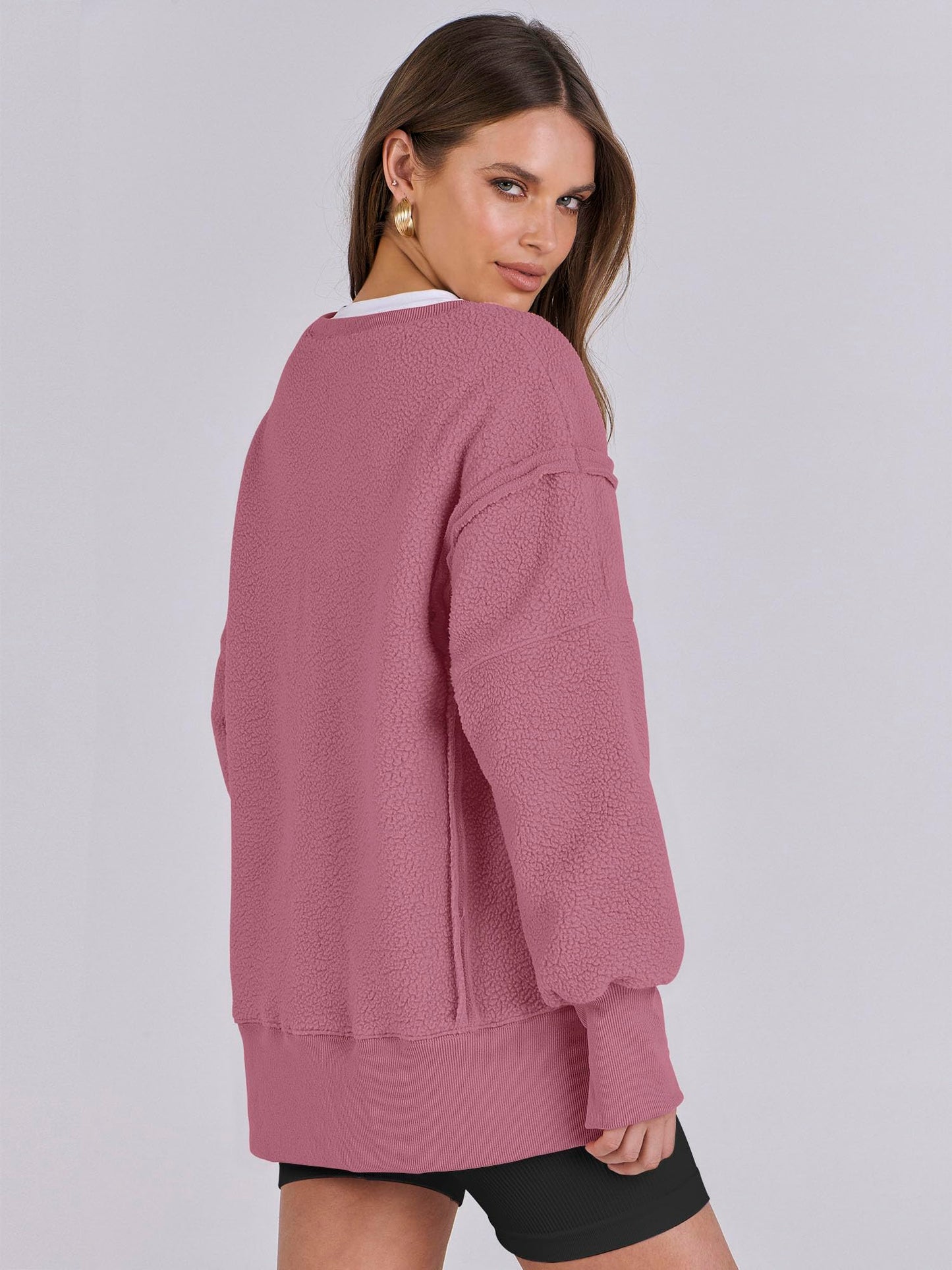 ANRABESS Womens Oversized Sherpa Sweaters Pullover Fuzzy Fleece Sweatshirts Crewneck 2024 Winter Long Sleeve Warm Outfits Pink Small