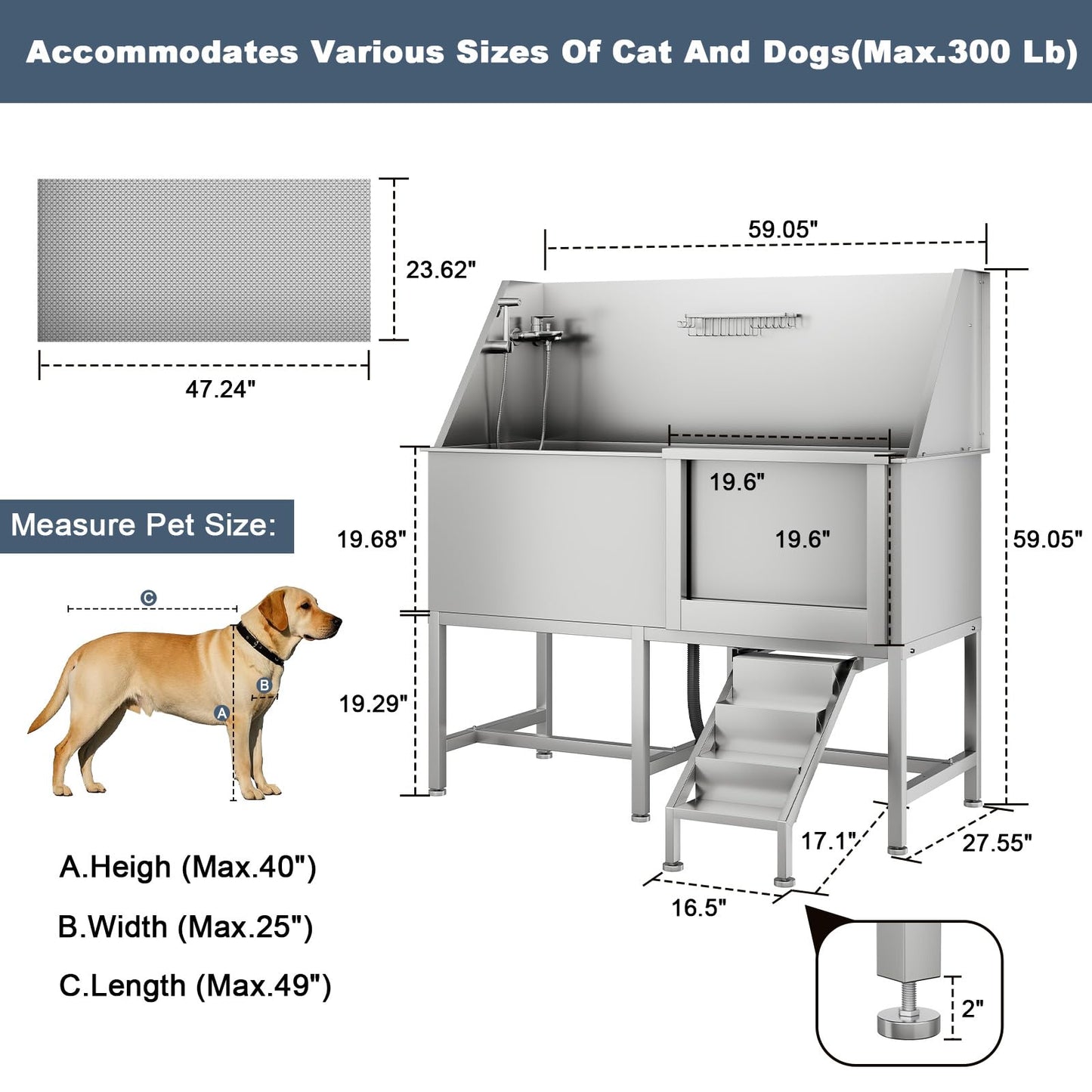 62" Professional Stainless Steel Dog Bathing Station, Large Dog Washing Station W/Dog Bath Brush, Washing Gloves, Floor Grate, Dog and Cat Bath Tub, Dog Washing Sink (62 Inch Right Door)