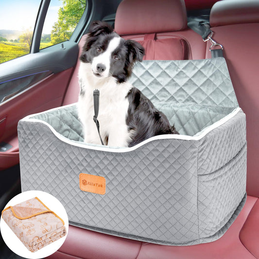 AlfaTok Memory Foam Booster Dog Car Seat for Medium Dogs Under 45 LBS, Elevated Pet Car Seat with Detachable Washable Cover, Anti-Slip Sturdy Dog Booster Seat with Seat Belt for Back Seat Travel