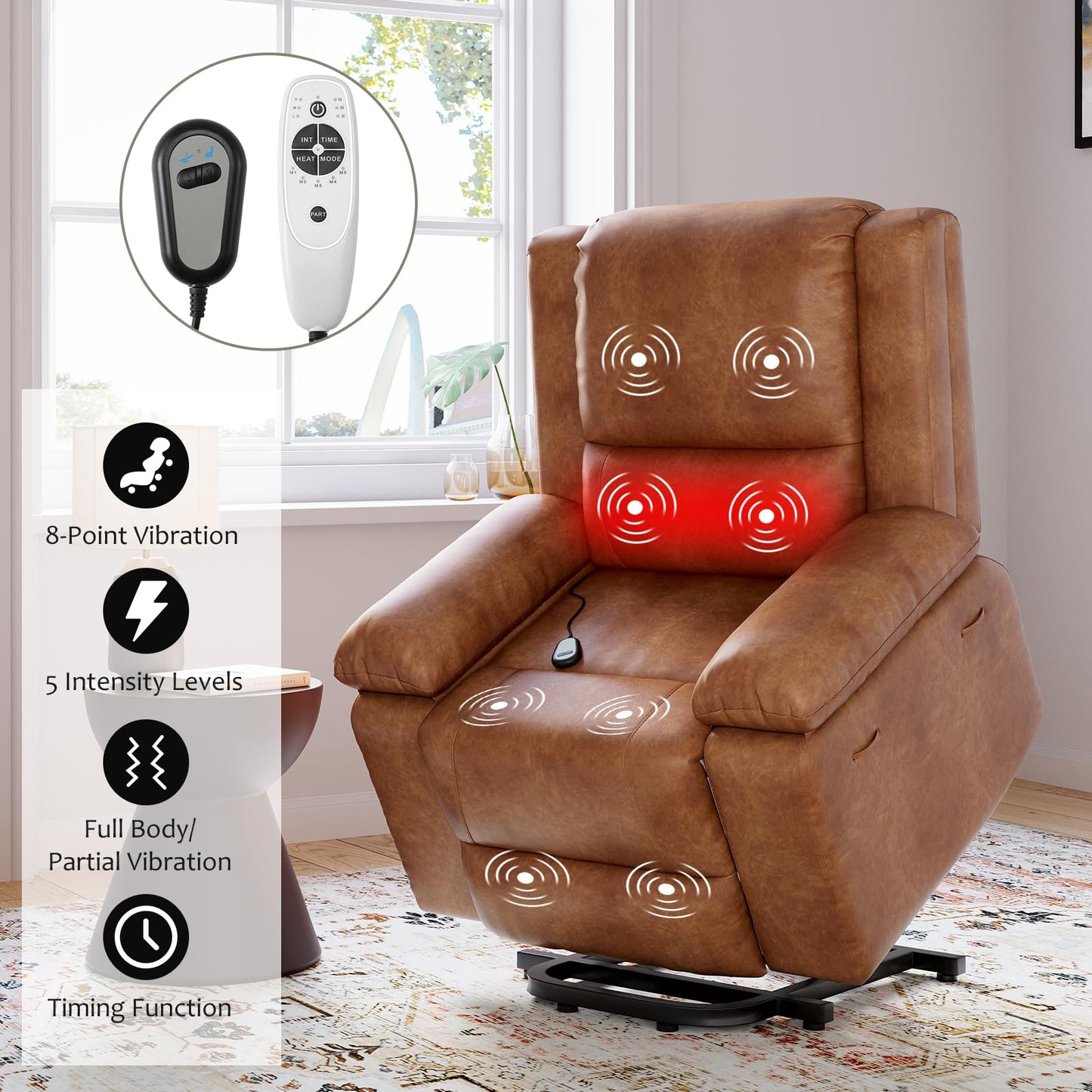 GarveeHome Faux Leather Power Lift Recliner w/Massage and Heat for Elderly, Recliner Chairs with Pockets for Living Room (Cognac, Medium)