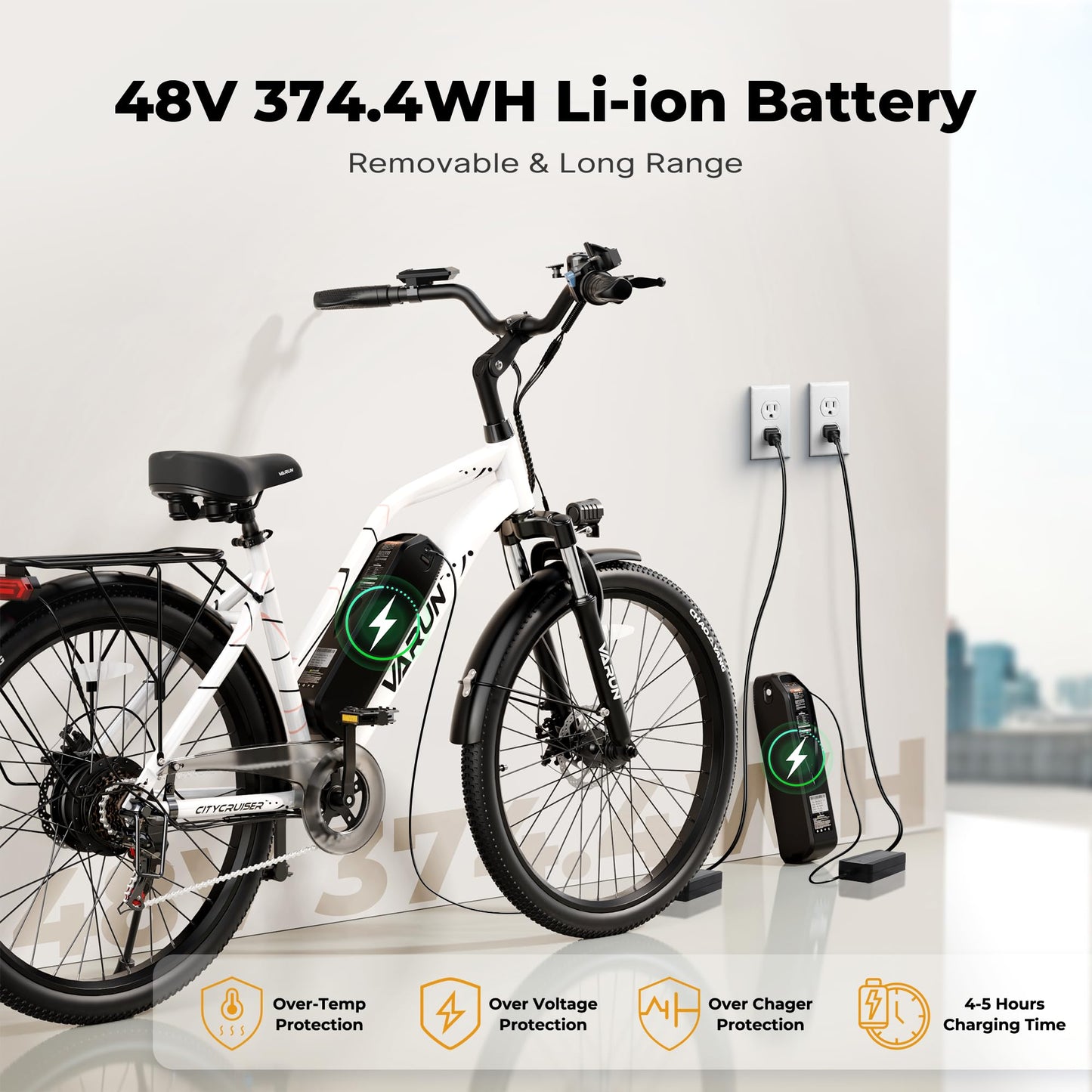 VARUN Electric Bike - 500W Electric Bicycle Up to 40Miles, 48V Removable Lithium Battery, Shock Absorber, 7-Speed and Dual Disc Brakes,Stylish 26" Cruiser E-Bike Suitable for Commuting