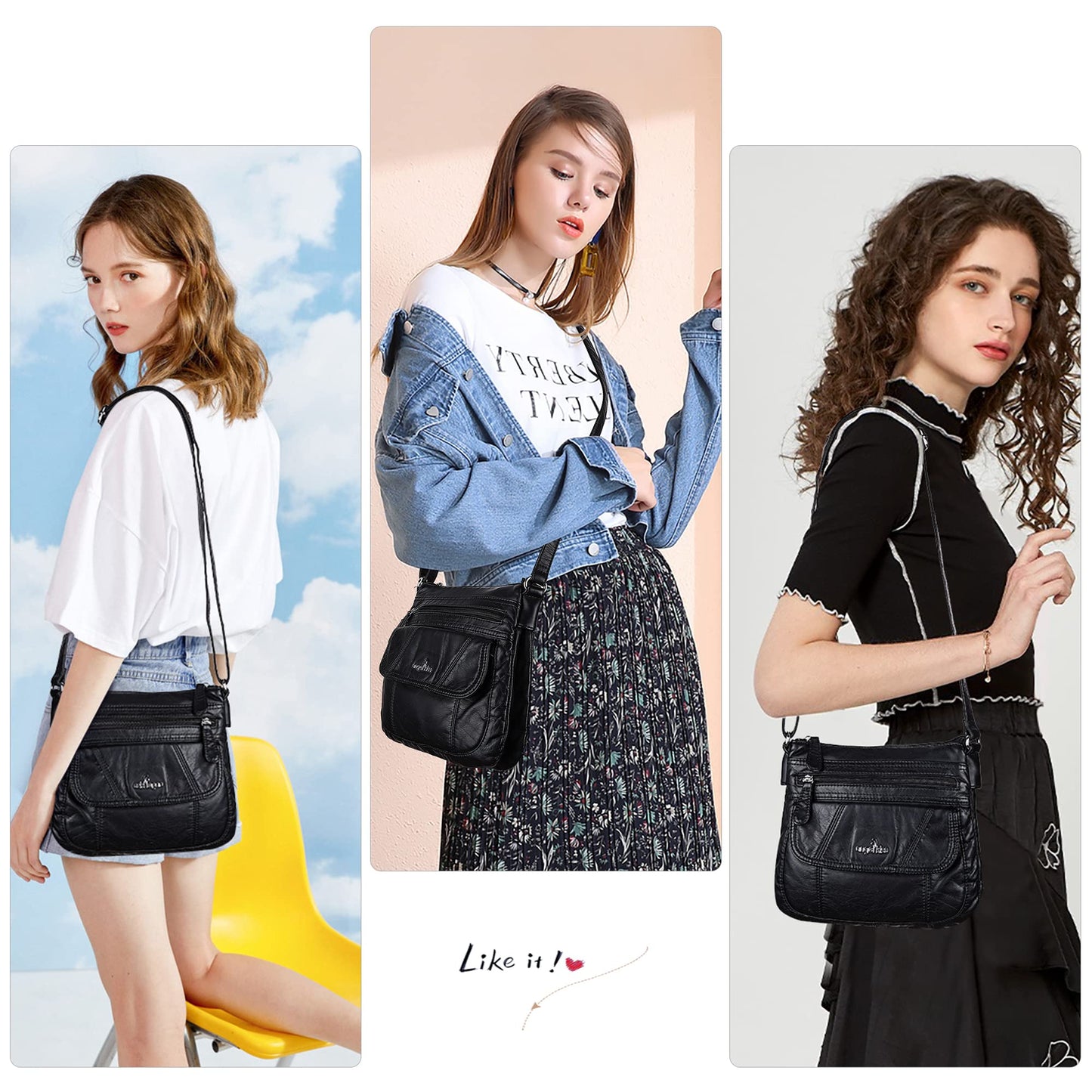 Angelkiss Small Womens Crossbody Bag Leather Shoulder Purse for Women Hobo Bag with Adjustable Shoulder Strap Black
