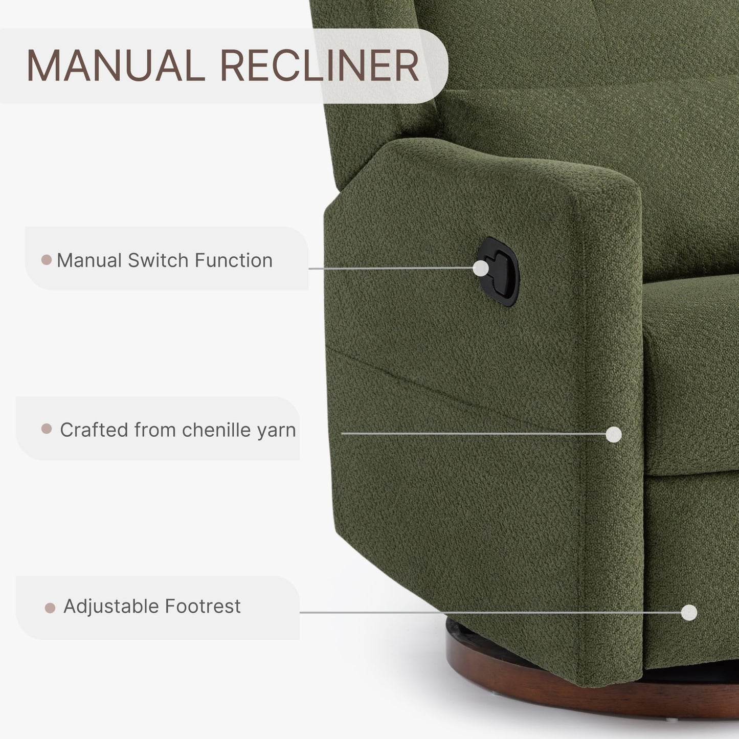 KISLOT Upholstered Recliner Swivel Glider Nursery Chair Reclining Performance Fabric Rocker with Wood Base,Boucle,Moss Green