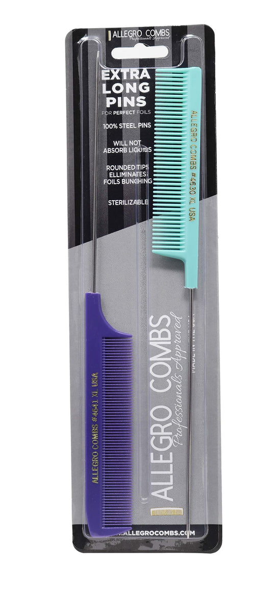 Allegro XL Pintail Rat Tail & Parting Combs - Metal Tail Foiling & Pin Combs (2 Pc., Purple & Mint)