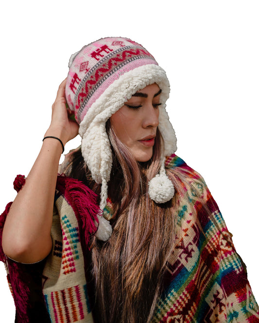 Alpaca Beanie for Men & Women, Alpaca Wool Winter Hat with Sheepskin Interior Coverage and earmuffs, Stylish Comfortable made by Otavalenos Artisans from Ecuador. (Pink, Black)