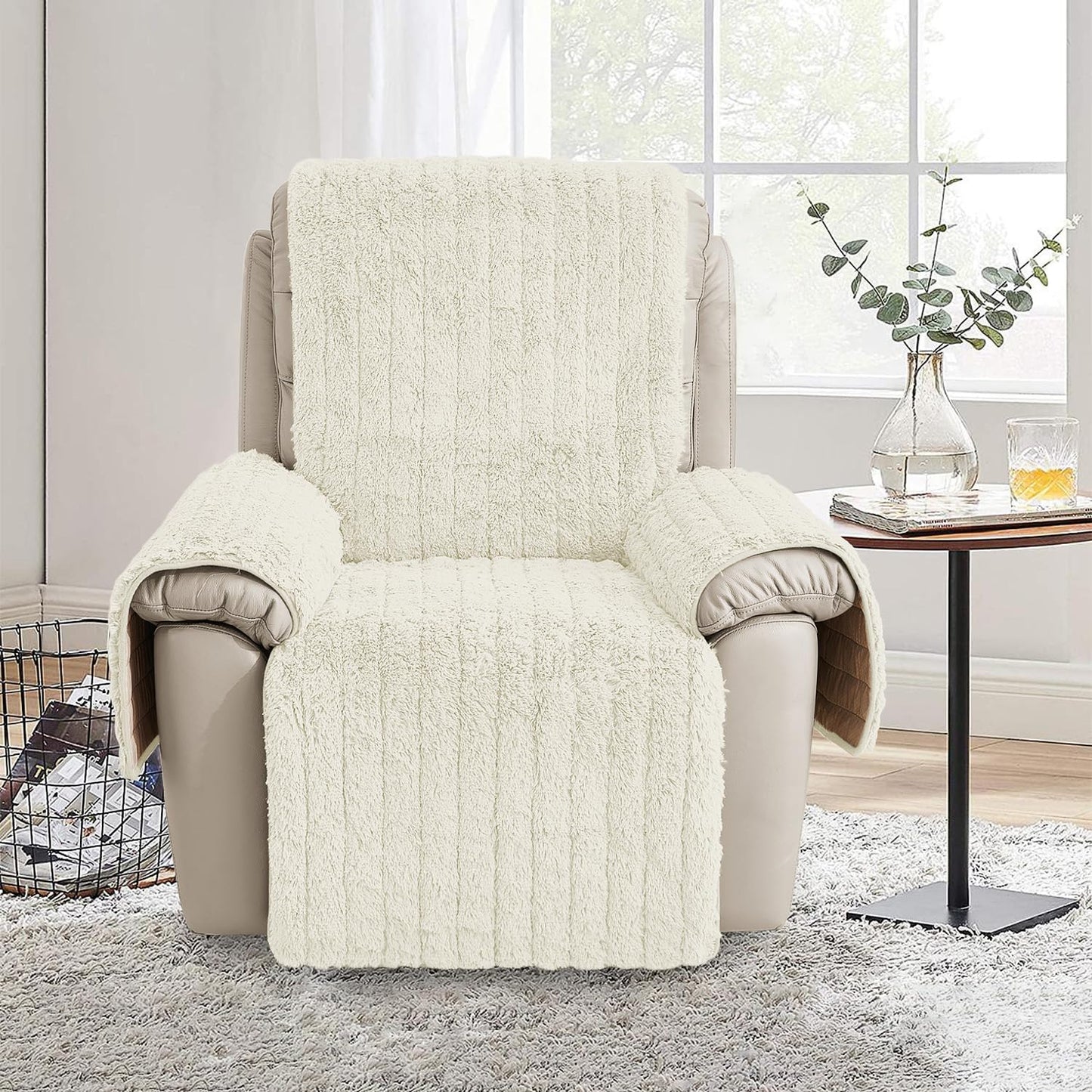 RBSC Home Plush Recliner Slipcover Chair Covers Artificial Wool Lazy Boy Cover Quilted Cover for Recliner Chairs and Furniture (Ivory, 30")