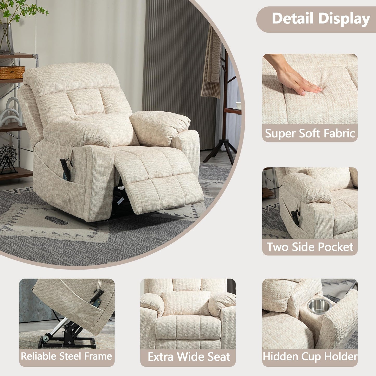 FUNECORP Power Lift Chair Lay Flat Recliner Infinite Position Electric Dual Motor Stand Up Lift Chair with Massage and Heat for Adults,Heavy Duty Recliners with 2 Remote Controls and Two Cup Holders