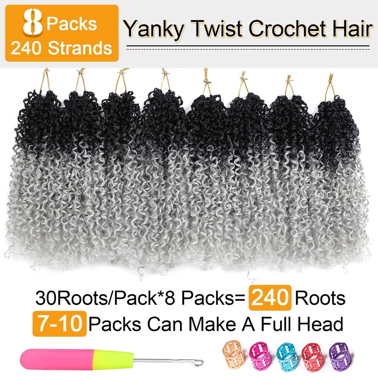 Aksice Pre-looped Yanky Twist Crochet Hair 8 Inch 8 Packs Bohemian Passion Twist Spring Mini Twist Crochet Hair for Black Women Boho Crochet Braids Synthetic (1Bgray)