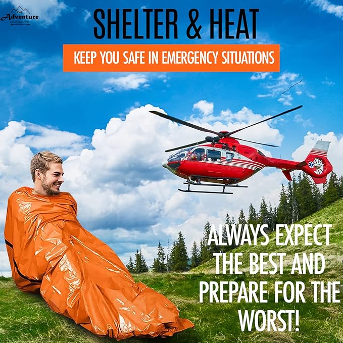 Emergency Sleeping Bag & Tent Shelter, Stocking Stuffer! Combo Prepper kit Survival Tent, Bivy Sack Tent, Sleeping Bag, Fire Starter + Whistle, Mylar Thermal Adventure Supply Co.