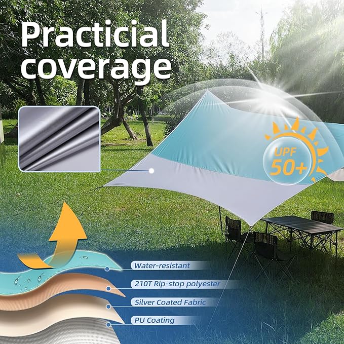 12X14FT Camping Tarp with 2 Poles, UV UPF50+ Lightweight Car Awning Sun Shelter, PU3000 Waterproof Tarp for Camping, Hiking and Backpacking Trips