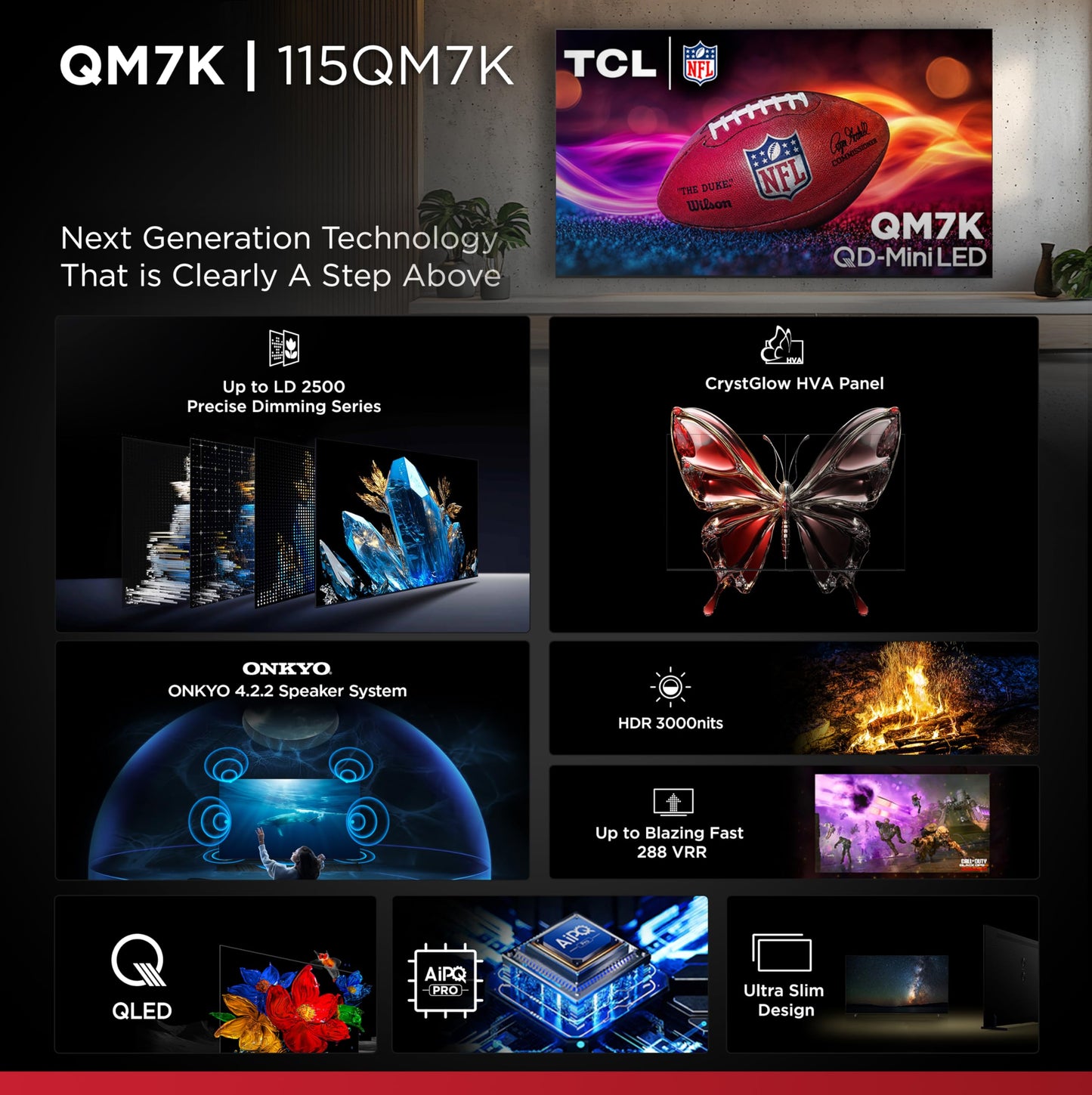 TCL 115-Inch QM7K QLED 4K Smart QD-Mini LED TV with Google TV (115QM7K, 2025 Model) Dolby Vision IQ, Dolby Atmos, HDR, Game Accelerator up to 288Hz, Voice Remote, Compatible with Alexa