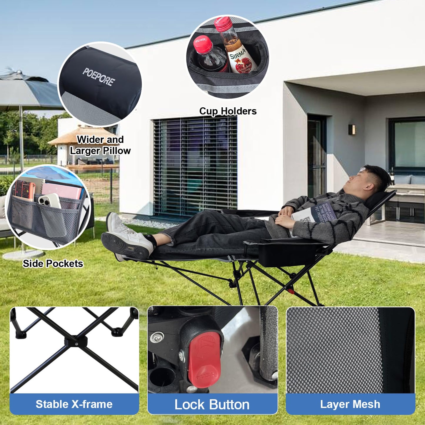 POEPORE 2-Pack Reclining Camping Chair 4 Position with Foot Rest Comfortable for Adults 265Ibs Folding Lounger Mesh Beach Chair with Cooler Bag and Cup Holder for Outdoor Patio