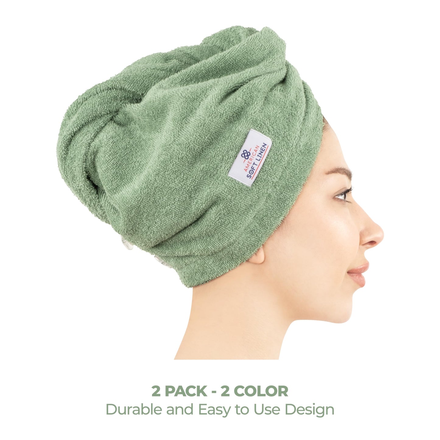 American Soft Linen 100% Cotton Hair Towels for Women, Head Towel Cap, Cotton Hair Turban Towel Wrap for Hair, Soft and Absorbent Cotton Hair Towels 2 Pack, Sage Green-Light Gray