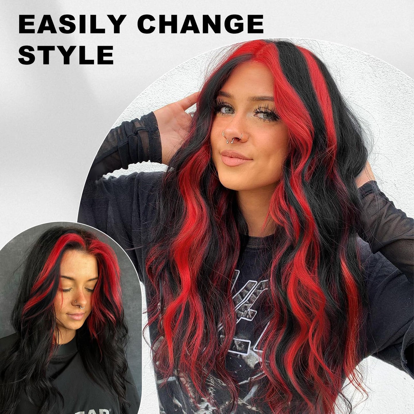 ALXNAN Clip in Long Wavy Hair Extension 20 Inch Black Red Highlights Hair Extensions 4PCS Thick Hairpieces Fiber Double Weft Hair for Women