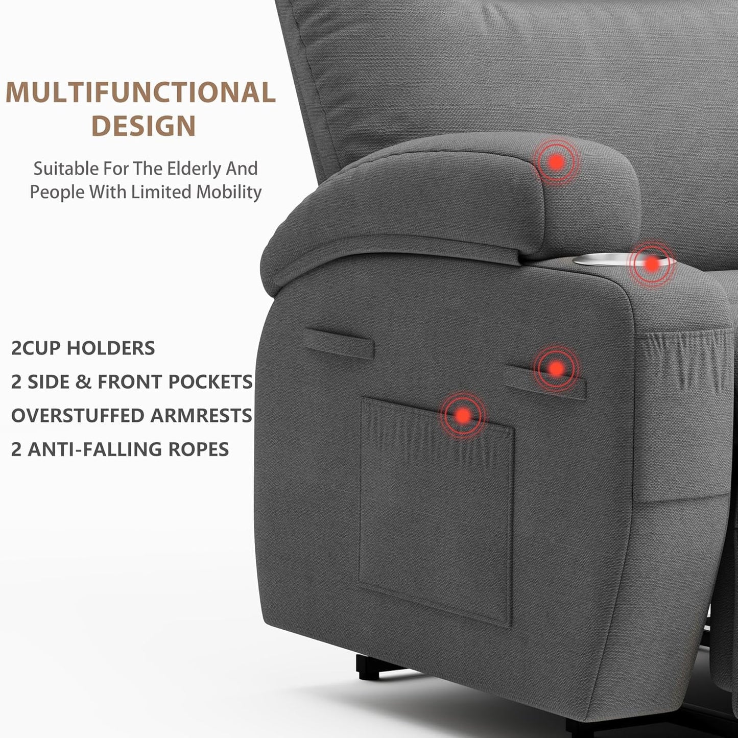 Flamaker Power Lift Recliner Chair with Massage Ergonomic Recliner Chair for Elderly People, Single Sofa with Cup Holders, Side Pockets