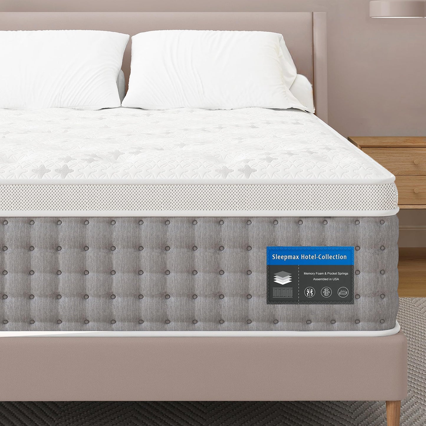 Sleepmax Queen Mattress 14 Inch - Hotel-Collection Hybrid Mattress Extra Lumbar & Hip Support - Deep Sleep Bed in a Box Pain Relief - Fiberglass-Free, CertiPUR-US Certified, 365-Night Trial
